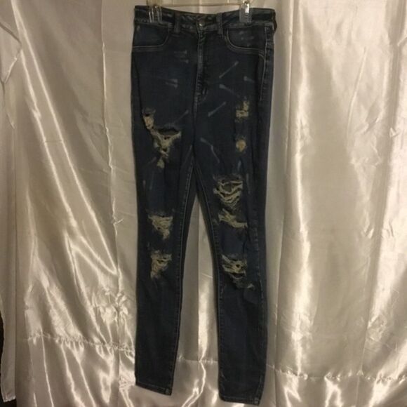 Fashion Nova Denim - Fashion Nova Medium Wash High Waisted Destroyed Paint Splatter Skinny Jeans 7